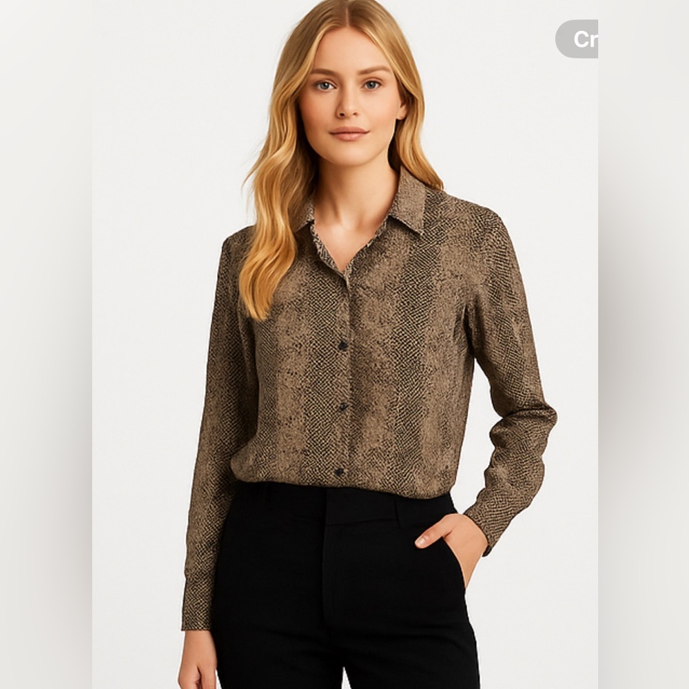 vintage Allison Taylor 100% silk Brown Button Down Shirt animal print blouse